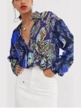 House of Holland Blue Printed Satin Button-Down Shirt